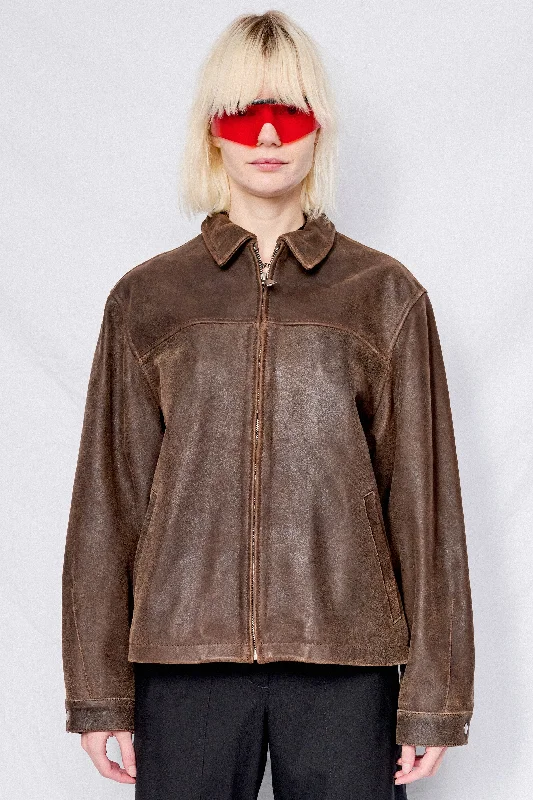 Brown Cracked Leather Zip Jacket