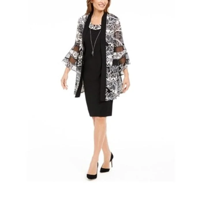 R&M Richards Women's Printed Bell Sleeve Jacket Black Size 10 Petite