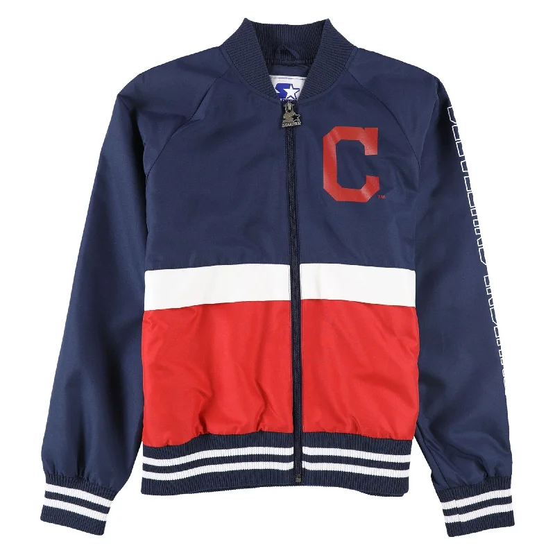 STARTER Womens Cleveland Indians Bomber Jacket, Blue, Medium