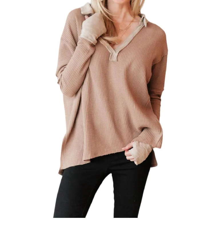 Mia Waffle Knit Long Sleeve Sweater In Beige