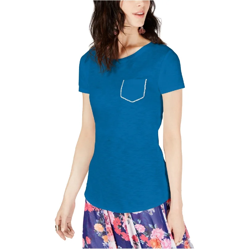 I-N-C Womens Pocket Embellished T-Shirt, Blue, X-Large