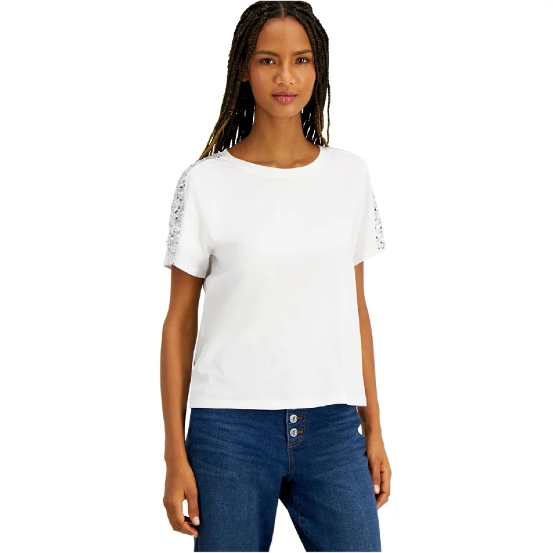 I-N-C Womens Sequin Sleeve Embellished T-Shirt, White, Small