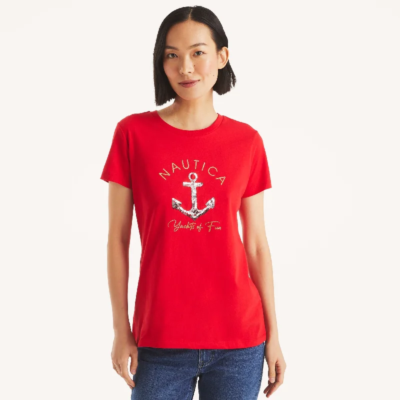 Nautica Womens Glitter Anchor Yachts Of Fun Graphic T-Shirt