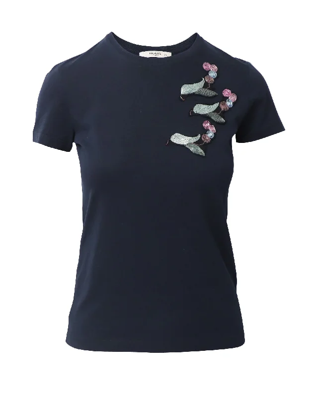 Prada Embroidered T-shirt in Navy Blue Cotton