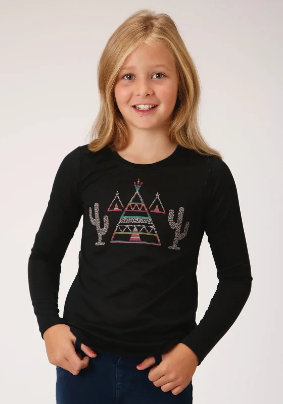 Roper Girls Black Poly/Rayon Cactus L/S Raw Edge T-Shirt