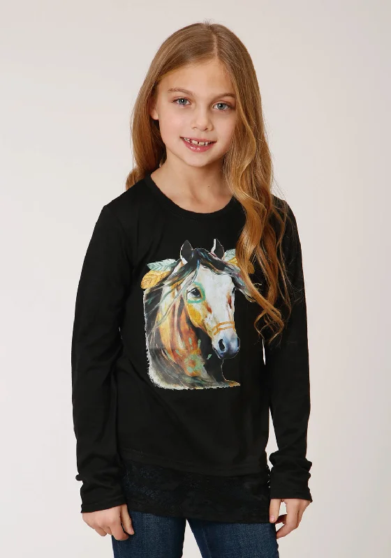 Roper Girls Black Poly/Rayon Horse Head L/S T-Shirt