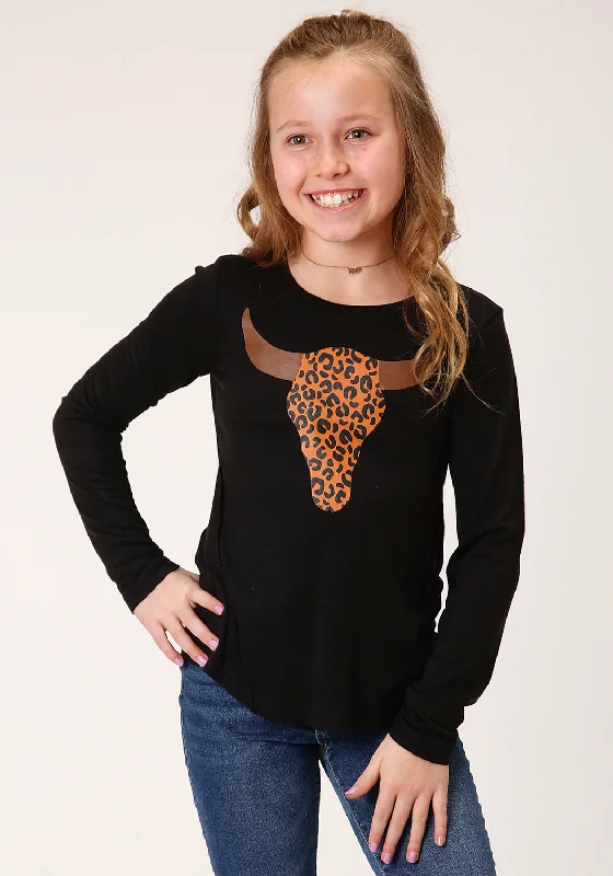 Roper Girls Kids Black Poly/Rayon Leopard Print L/S T-Shirt