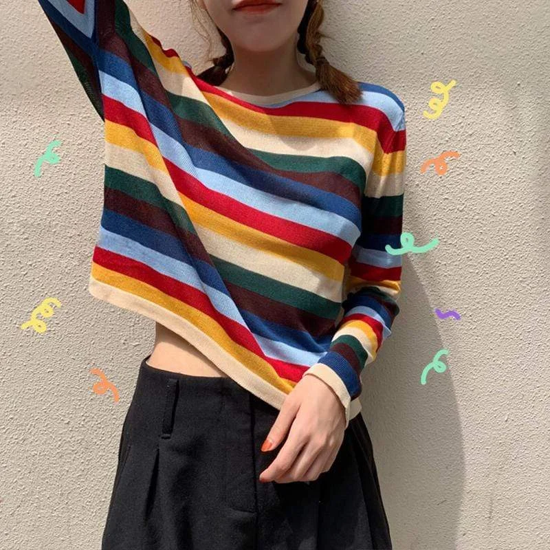 Women's Casual Rainbow Striped Long Sleeved T-shirts