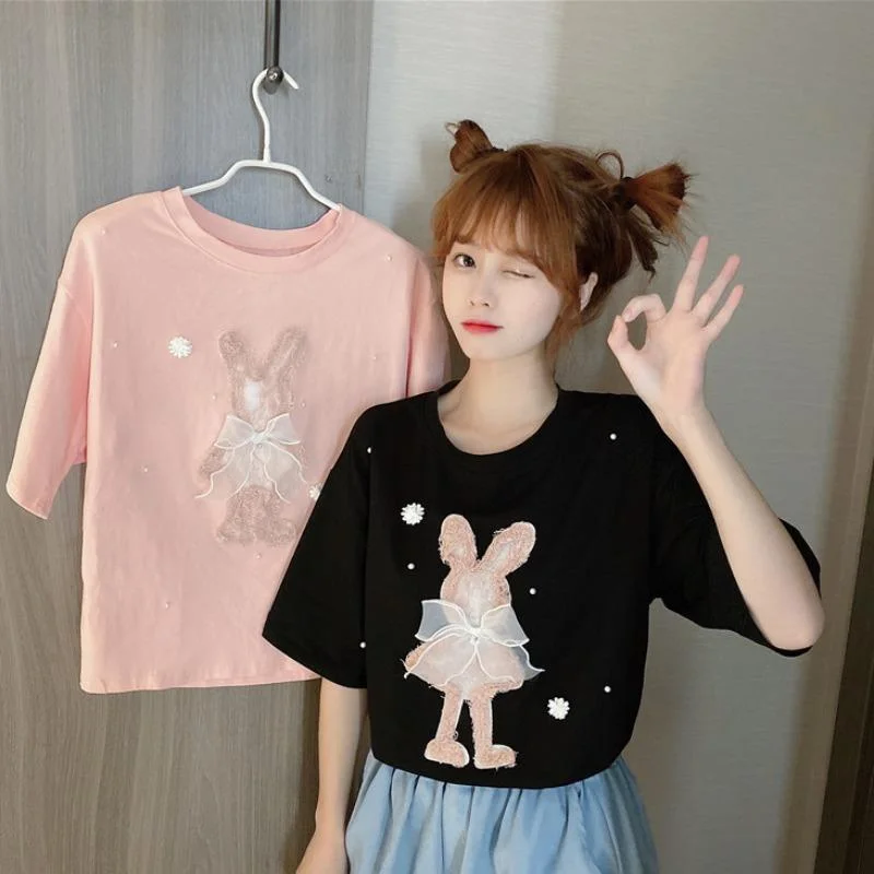 Women's Cute Rabbit Lace Bowknot Beads T-shirts