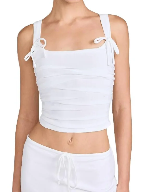 Ruched Linen Bow Strap Tank In White