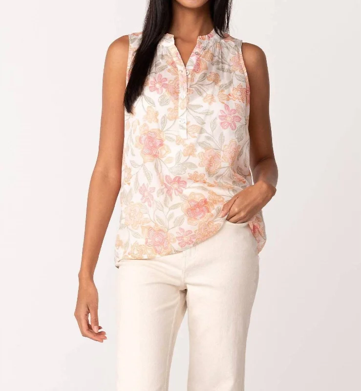 Sheer Floral Ruffle Neck Tank Top In Ivory Peach