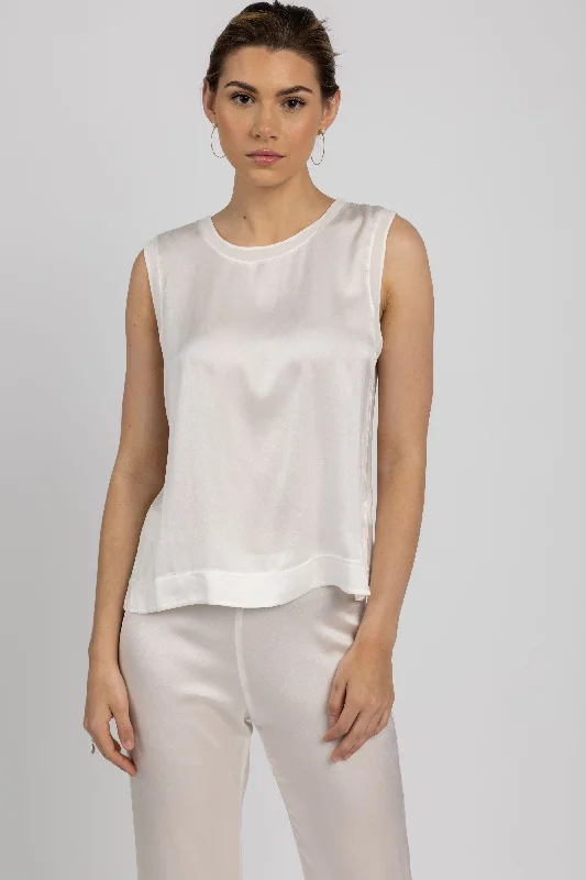 Wide Neck Silk Tank in White