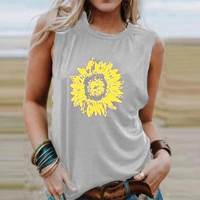 Women Crew Neck Casual Sunflower Printed Tank Tops